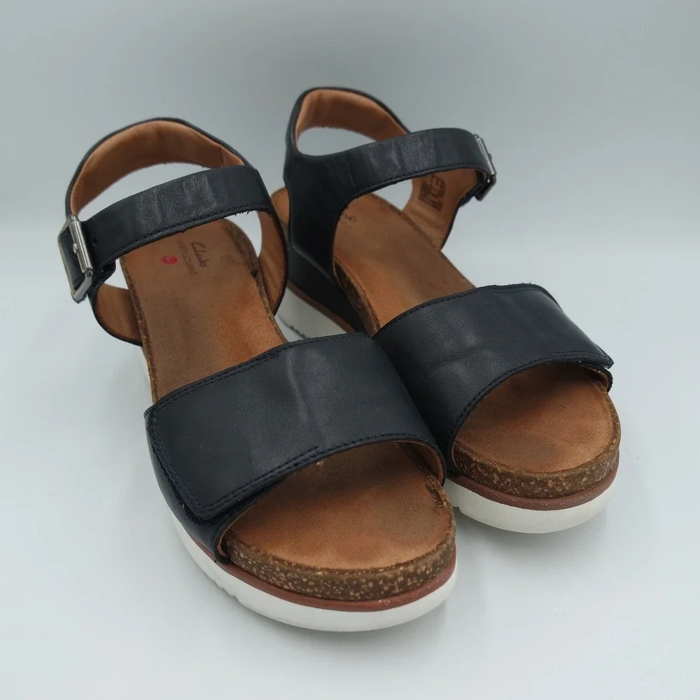 Clarks Lizby Strap Black Leather Wedge Sandals Womens 9.5 W